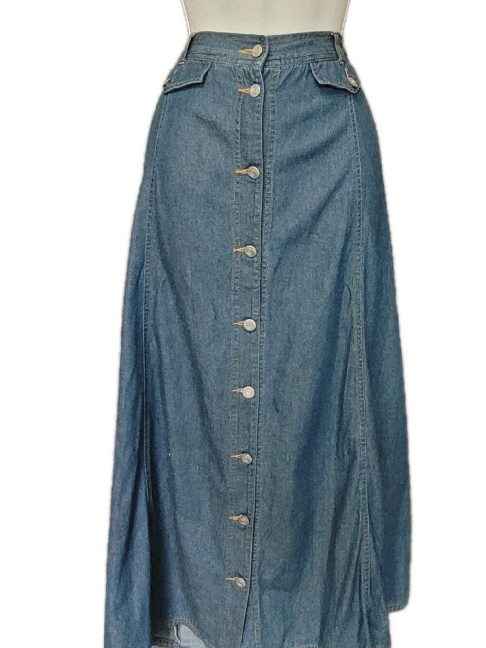 Vintage 90s Denim Maxi Skirt Jean Skirt 20W Y2K Button Front A Line Elastic Back - Picture 2 of 16